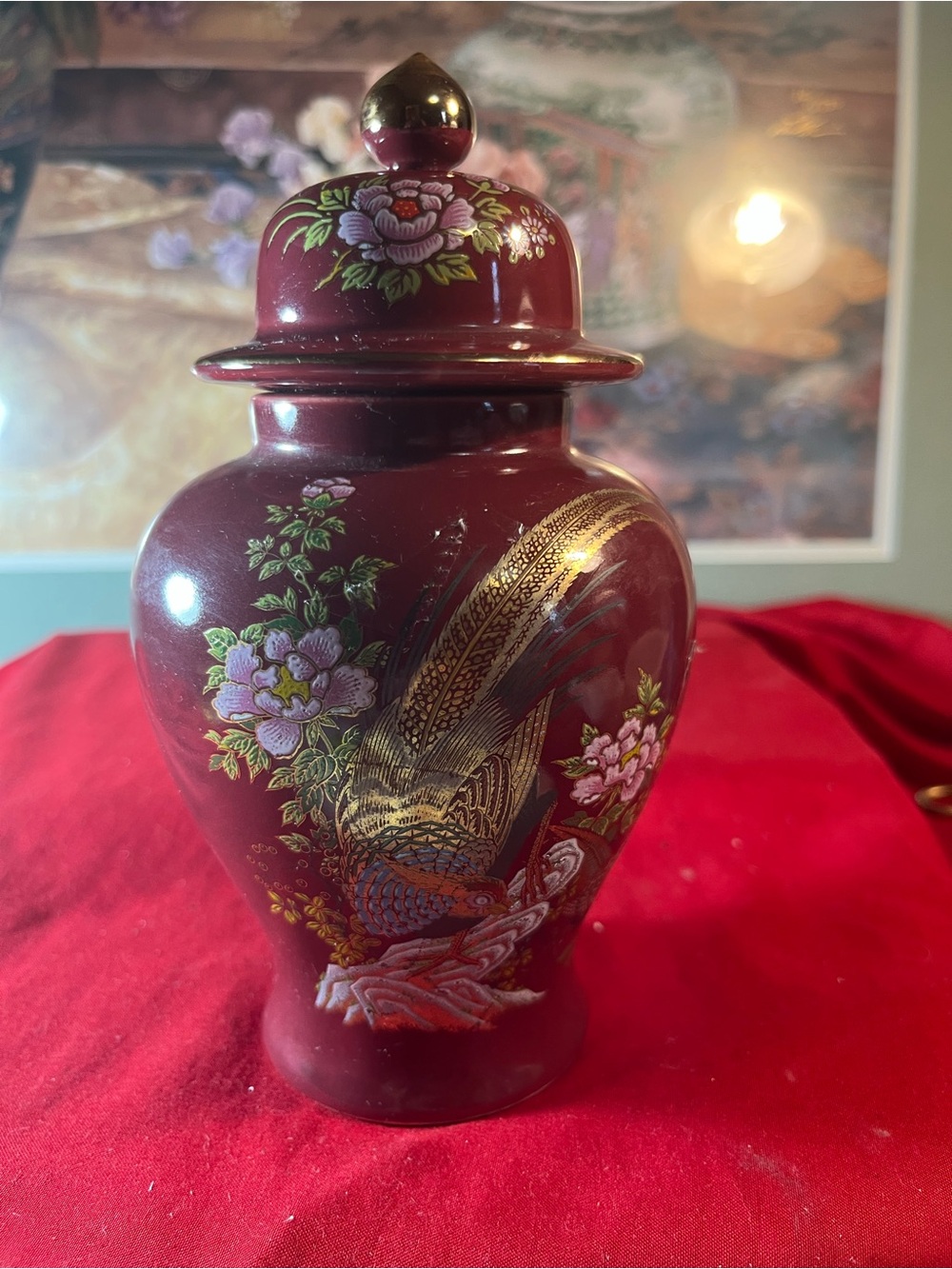 Decorative Maroon Lidded Porcelain Ginger Jar with Floral & Gold Accents
